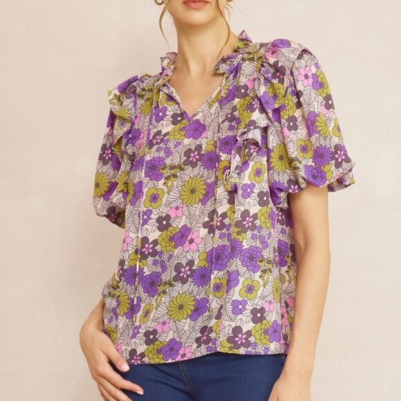 NWT Entro Floral print v-neck puff sleeve top -Size XL - Picture 1 of 5